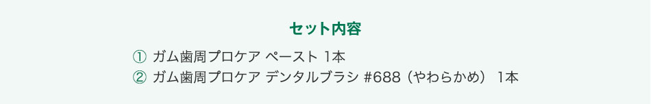 セット内容 ① ガム歯周プロケア ペースト 1本 ② ガム歯周プロケア デンタルブラシ 1本