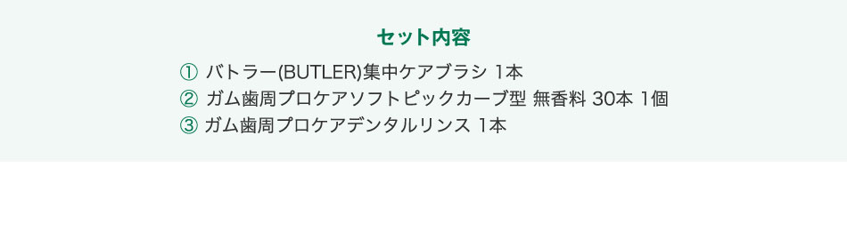 セット内容 ① バトラー(BUTLER)集中ケアブラシ 1本 ② ガム歯周プロケアソフトピックカーブ型 無香料 30本 1個 ③ ガム歯周プロケアデンタルリンス 1本