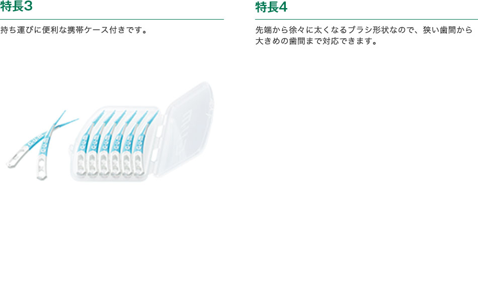 特長3　持ち運びに便利な携帯ケース付きです。　特長4　先端から徐々に太くなるブラシ形状なので、狭い歯間から大きめの歯間まで対応できます。