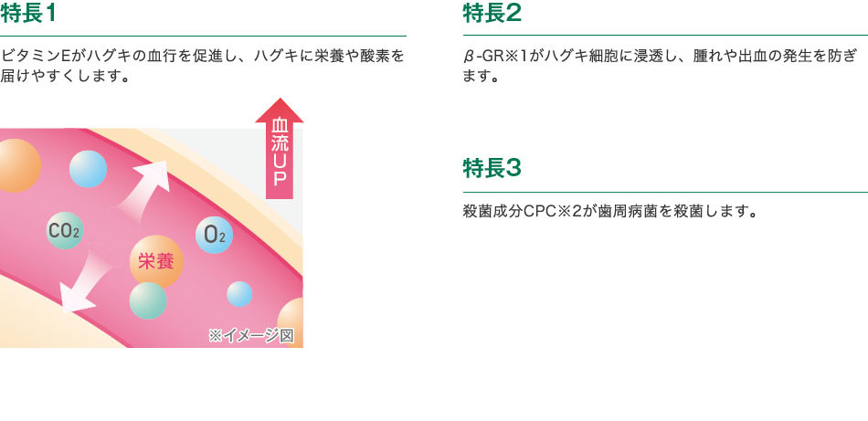 特長1　ビタミンEがハグキの血行を促進し、ハグキに栄養や酸素を届けやすくします。　特長2　β-GR※1がハグキ細胞に浸透し、腫れや出血の発生を防ぎます。　特長3　殺菌成分CPC※2が歯周病菌を殺菌します。