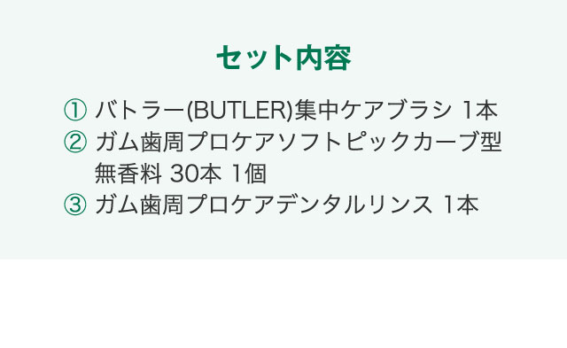 セット内容 ① バトラー(BUTLER)集中ケアブラシ 1本 ② ガム歯周プロケアソフトピックカーブ型 無香料 30本 1個 ③ ガム歯周プロケアデンタルリンス 1本