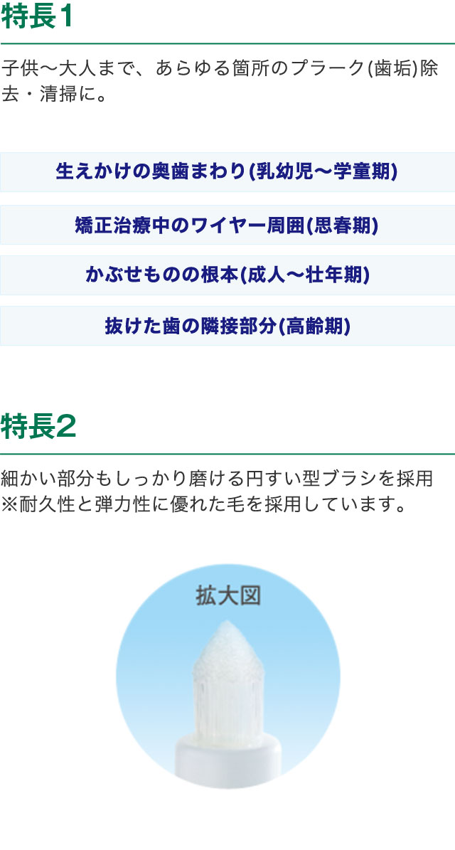 特長1　子供～大人まで、あらゆる箇所のプラーク(歯垢)除去・清掃に。特長2　細かい部分もしっかり磨ける円すい型ブラシを採用※耐久性と弾力性に優れた毛を採用しています。