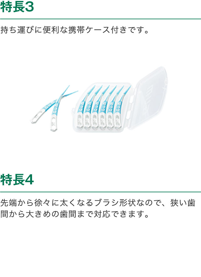 特長3　持ち運びに便利な携帯ケース付きです。　特長4　先端から徐々に太くなるブラシ形状なので、狭い歯間から大きめの歯間まで対応できます。