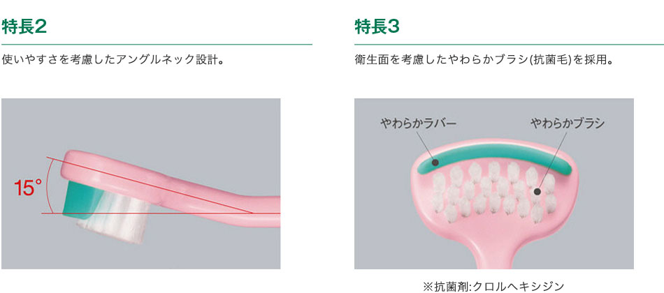 特長2 使いやすさを考慮したアングルネック設計。／特長3 衛生面を考慮したやわらかブラシ(抗菌毛)を採用。