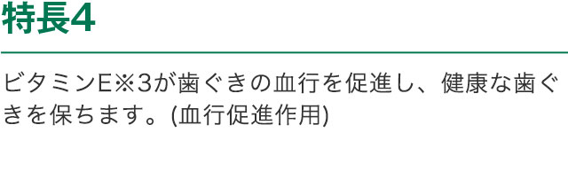 特長4 ビタミンE※3が歯ぐきの血行を促進し、健康な歯ぐきを保ちます。(血行促進作用)