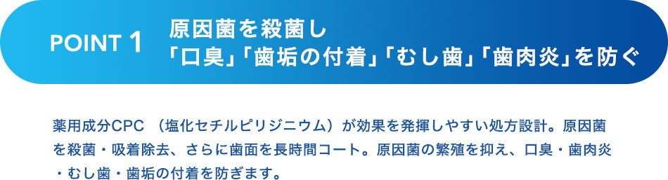 POINT1 原因菌を殺菌し「口臭」「歯肉炎」「むし歯」「歯垢の付着」を防ぐ