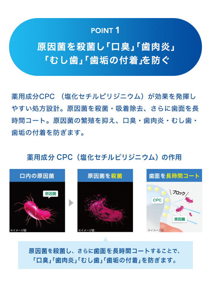 POINT1 原因菌を殺菌し「口臭」「歯肉炎」「むし歯」「歯垢の付着」を防ぐ