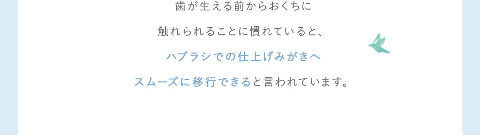 歯が生える前からおくちに触れられることに慣れていると、ハブラシでの仕上げみがきへスムーズに移行できると言われています。