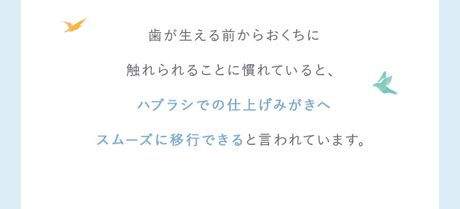 歯が生える前からおくちに触れられることに慣れていると、ハブラシでの仕上げみがきへスムーズに移行できると言われています。