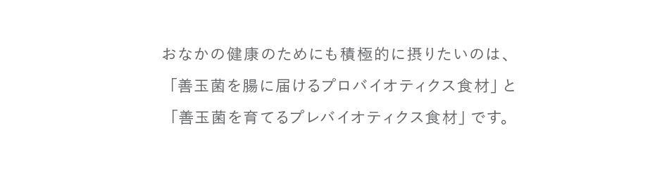 おなかの健康のためにも積極的に摂りたいのは、「善玉菌を腸に届けるプロバイオティクス食材」と「善玉菌を育てるプレバイオティクス食材」です。