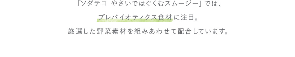 「ソダテコ やさいではぐくむスムージー」では、プレバイオティクス食材に注目。厳選した野菜素材を組みあわせて配合しています。