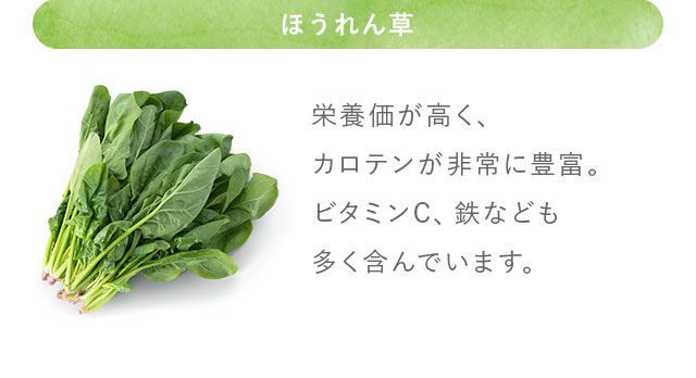 ほうれん草 栄養価が高く、カロテンが非常に豊富。ビタミンC、鉄なども多く含んでいます。