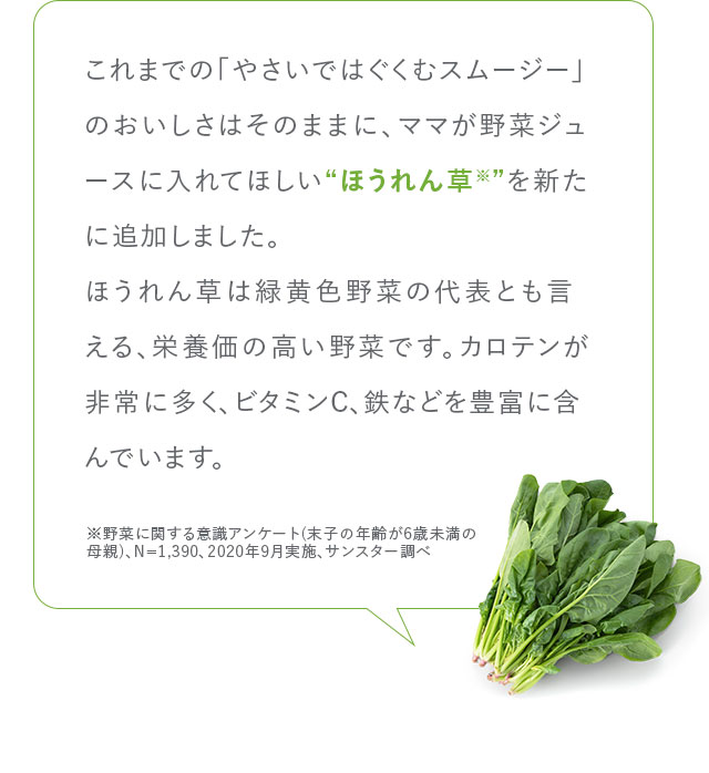 これまでの「やさいではぐくむスムージー」のおいしさはそのままに、ママが野菜ジュースに入れてほしい“ほうれん草※”を新たに追加しました。ほうれん草は緑黄色野菜の代表とも言える、栄養価の高い野菜です。カロテンが非常に多く、ビタミンC、鉄などを豊富に含んでいます。